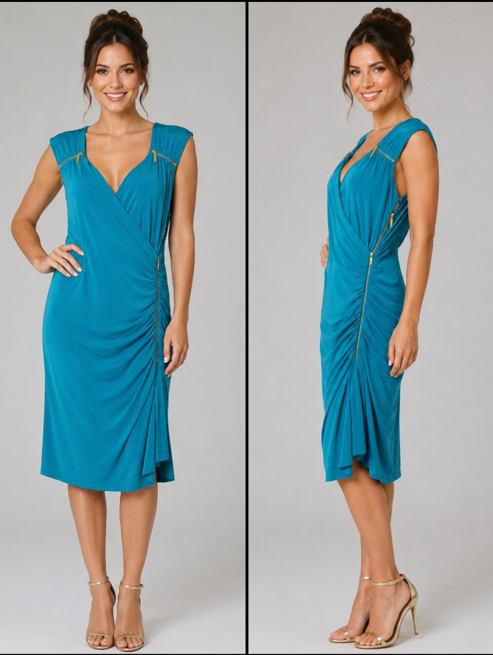 Michael Kors Womens Teal Zipper Ruched Wrap Cap-Sleeve Midi Dress Size 12